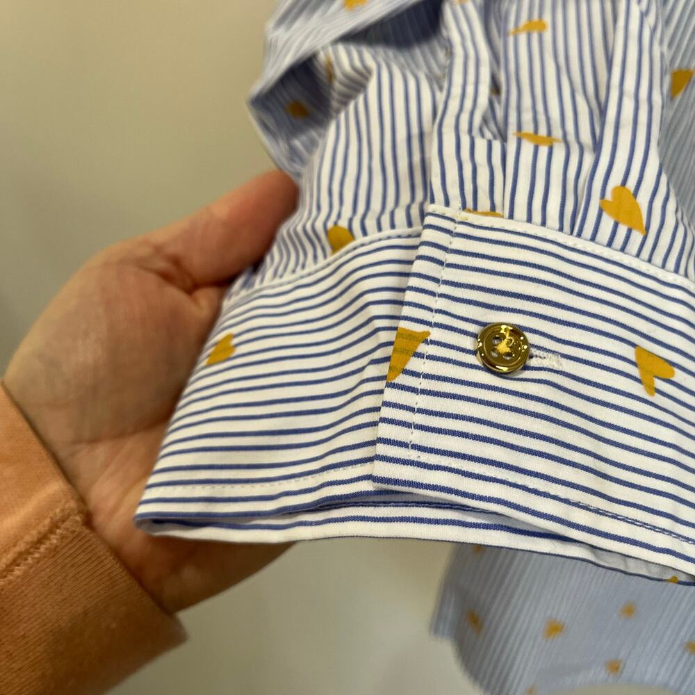 Talbots Plus 2X Blue Stripe Gold Heart Cotton Button Down Preppy Blouse - Picture 5 of 9